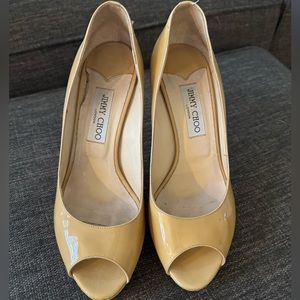 Jimmy Choo nude patent leather peep toe pumps size 40
